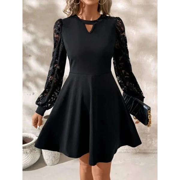 Kadın Uzun Kollu Yuvarlak Damla Detaylı Kolları Tül Detaylı Kısa Ithal Krep Elbise