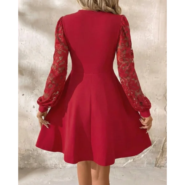 Kadın Uzun Kollu Yuvarlak Damla Detaylı Kolları Tül Detaylı Kısa Ithal Krep Elbise