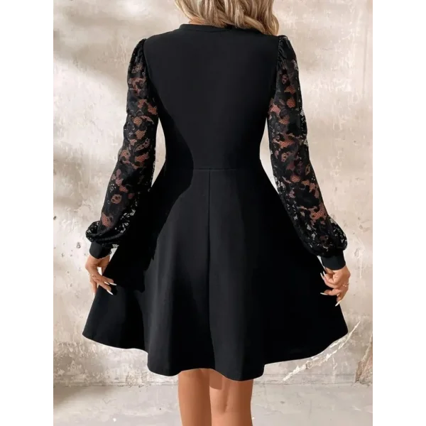 Kadın Uzun Kollu Yuvarlak Damla Detaylı Kolları Tül Detaylı Kısa Ithal Krep Elbise