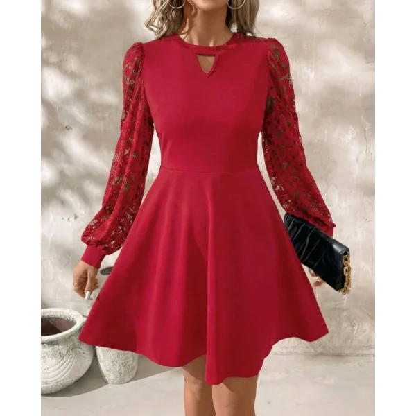 Kadın Uzun Kollu Yuvarlak Damla Detaylı Kolları Tül Detaylı Kısa Ithal Krep Elbise