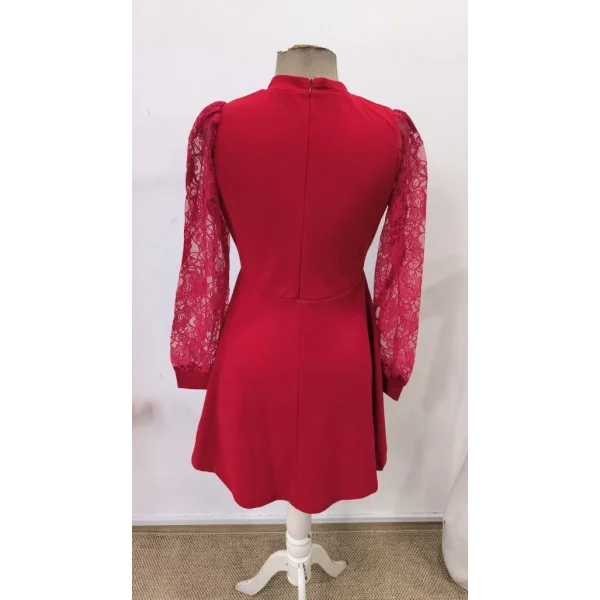 Kadın Uzun Kollu Yuvarlak Damla Detaylı Kolları Tül Detaylı Kısa Ithal Krep Elbise