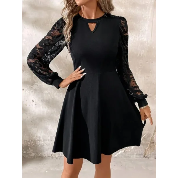 Kadın Uzun Kollu Yuvarlak Damla Detaylı Kolları Tül Detaylı Kısa Ithal Krep Elbise