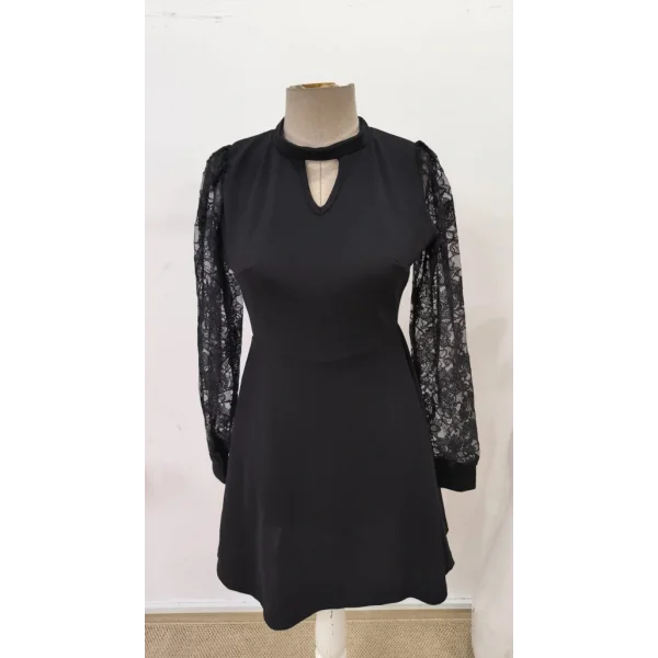 Kadın Uzun Kollu Yuvarlak Damla Detaylı Kolları Tül Detaylı Kısa Ithal Krep Elbise