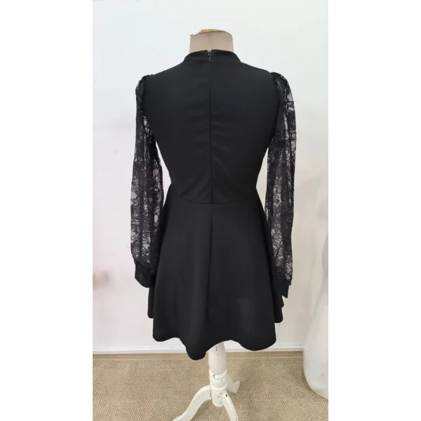 Kadın Uzun Kollu Yuvarlak Damla Detaylı Kolları Tül Detaylı Kısa Ithal Krep Elbise