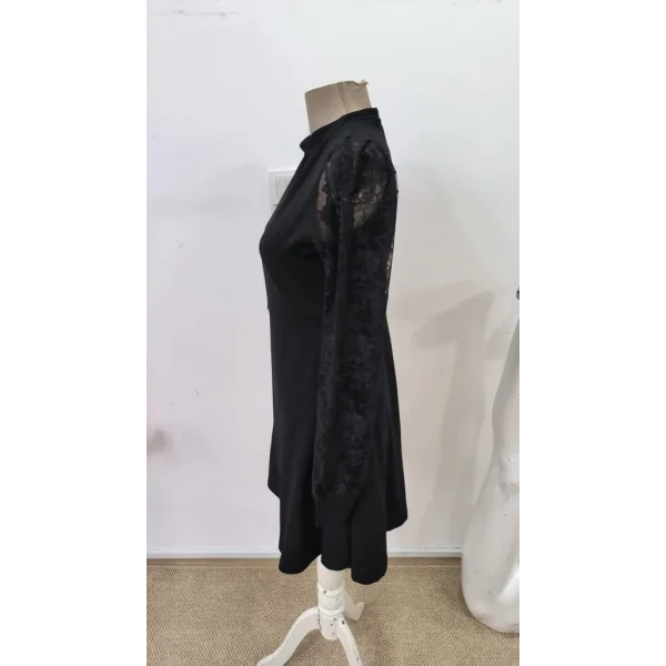 Kadın Uzun Kollu Yuvarlak Damla Detaylı Kolları Tül Detaylı Kısa Ithal Krep Elbise