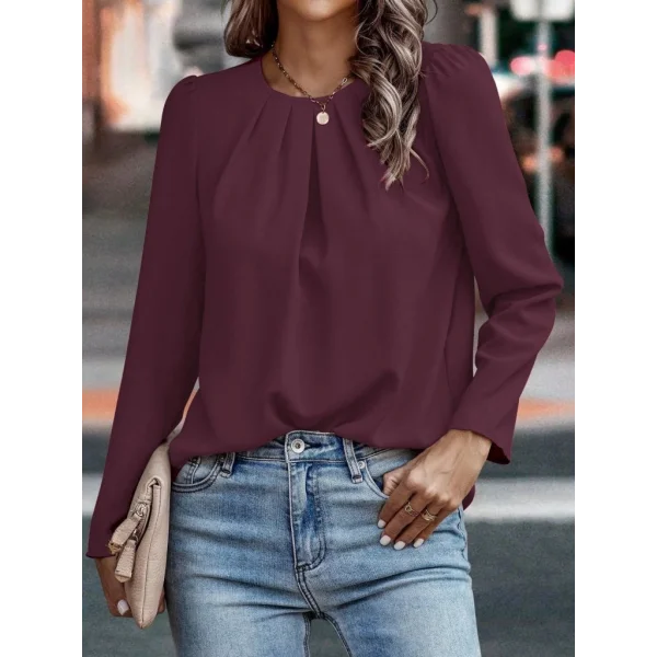 Kadın Uzun Kollu Yuvarlak önden Pileli Ithal Krep Bluz