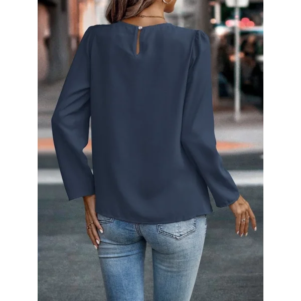 Kadın Uzun Kollu Yuvarlak önden Pileli Ithal Krep Bluz