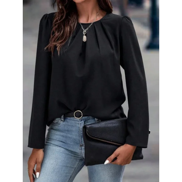 Kadın Uzun Kollu Yuvarlak önden Pileli Ithal Krep Bluz