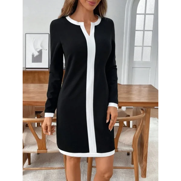 Kadın Uzun Kollu Yuvarlak V Yakalı şerit Detaylı Modal Mini Elbise