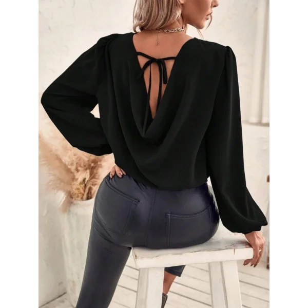 Kadın Uzun Kollu Yuvarlak Yaka Arkadan Bağcıklı Salaş Ithal Krep Bluz