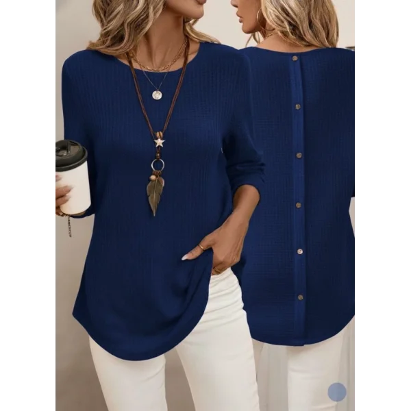 Kadın Uzun Kollu Yuvarlak Yaka Arkadan Düğmeli Waffle Bluz