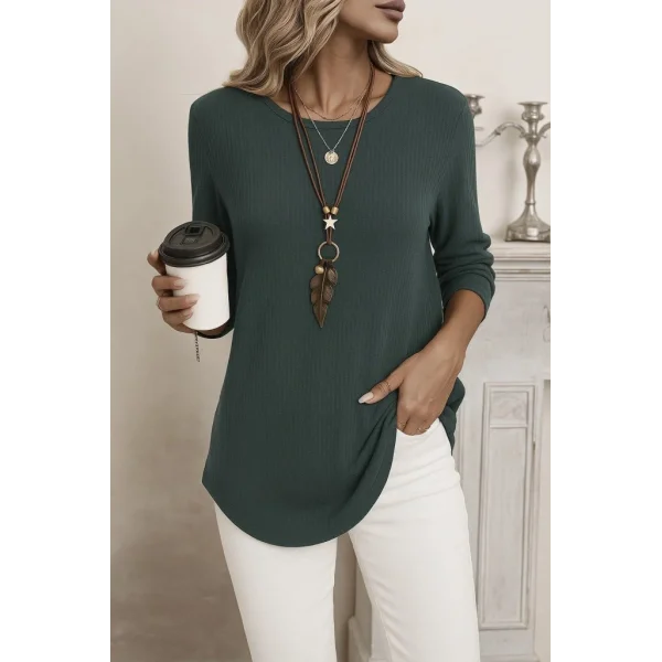 Kadın Uzun Kollu Yuvarlak Yaka Arkadan Düğmeli Waffle Bluz