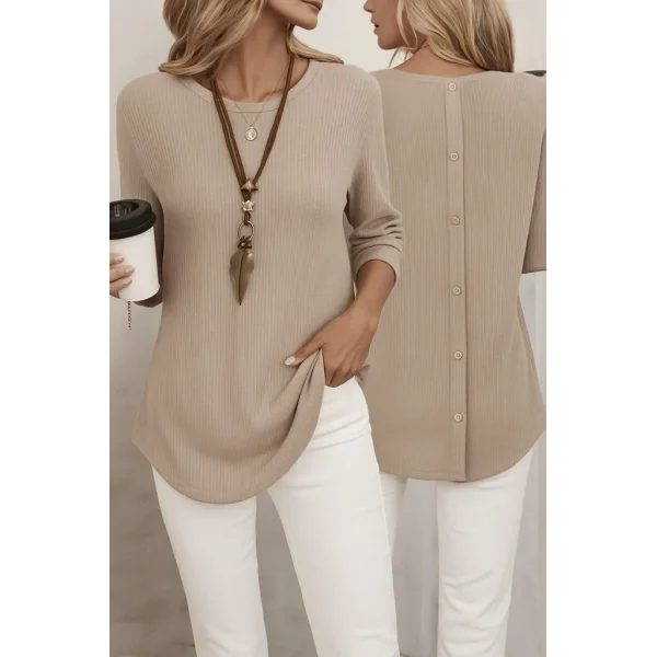 Kadın Uzun Kollu Yuvarlak Yaka Arkadan Düğmeli Waffle Bluz