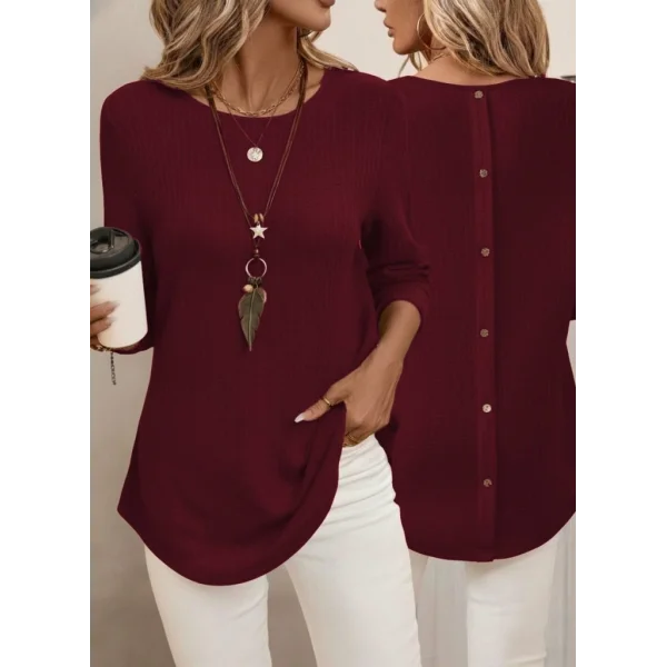 Kadın Uzun Kollu Yuvarlak Yaka Arkadan Düğmeli Waffle Bluz