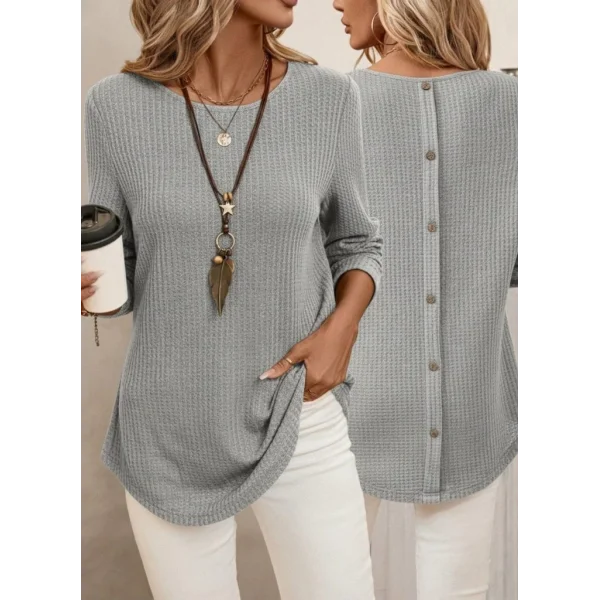 Kadın Uzun Kollu Yuvarlak Yaka Arkadan Düğmeli Waffle Bluz
