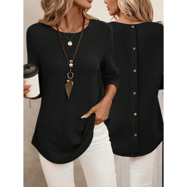 Kadın Uzun Kollu Yuvarlak Yaka Arkadan Düğmeli Waffle Bluz