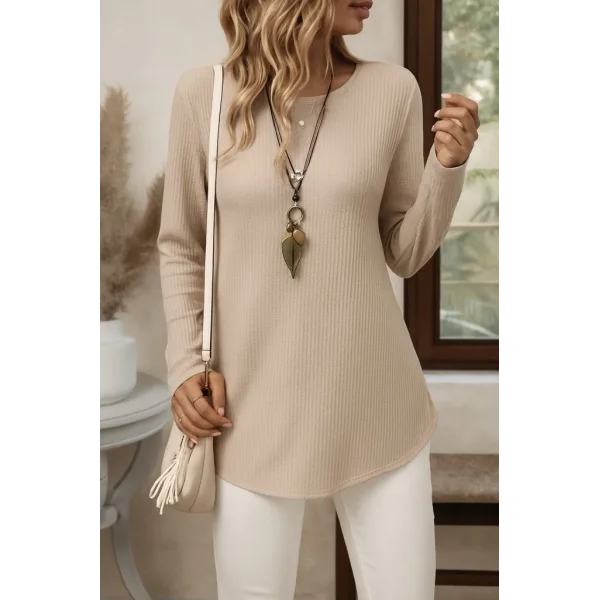 Kadın Uzun Kollu Yuvarlak Yaka Arkadan Düğmeli Waffle Bluz