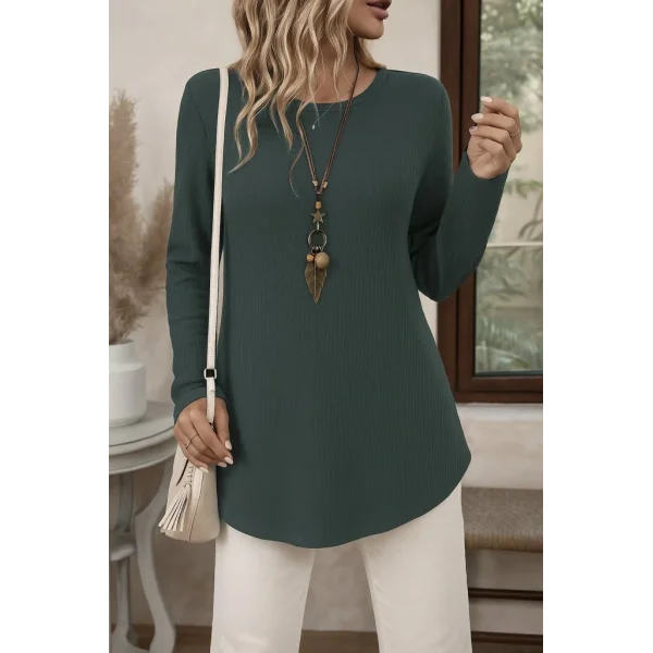 Kadın Uzun Kollu Yuvarlak Yaka Arkadan Düğmeli Waffle Bluz