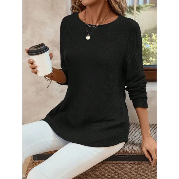 Kadın Uzun Kollu Yuvarlak Yaka Arkadan Düğmeli Waffle Bluz