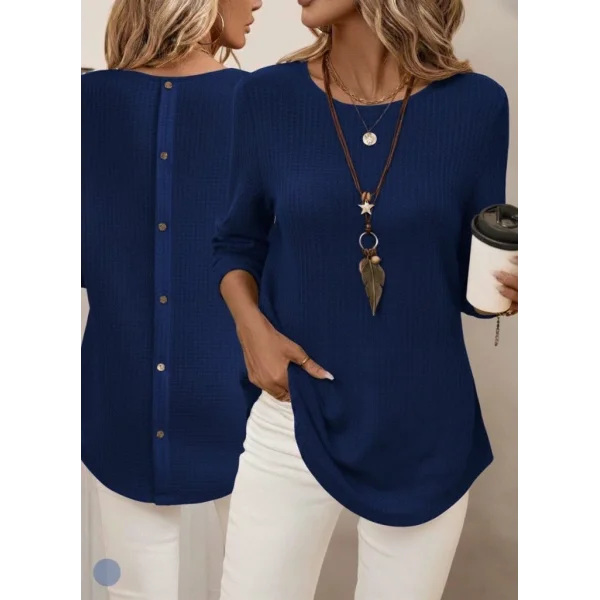 Kadın Uzun Kollu Yuvarlak Yaka Arkadan Düğmeli Waffle Bluz