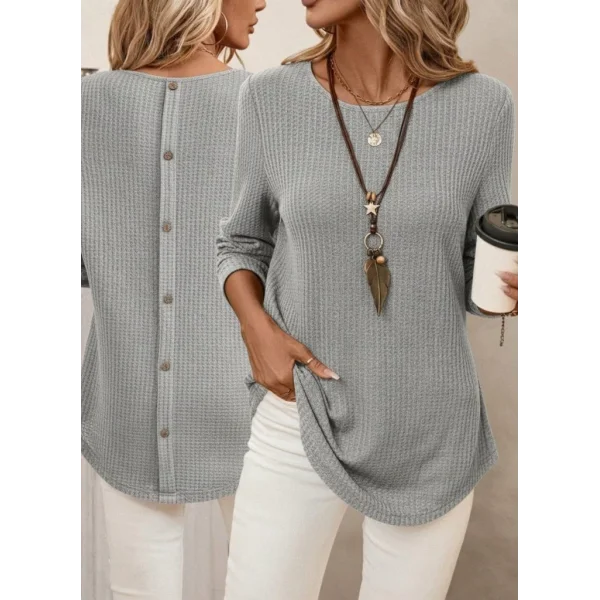 Kadın Uzun Kollu Yuvarlak Yaka Arkadan Düğmeli Waffle Bluz