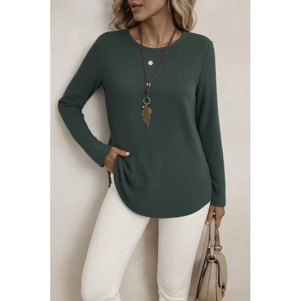 Kadın Uzun Kollu Yuvarlak Yaka Arkadan Düğmeli Waffle Bluz