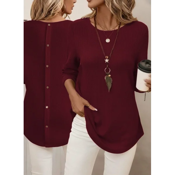 Kadın Uzun Kollu Yuvarlak Yaka Arkadan Düğmeli Waffle Bluz