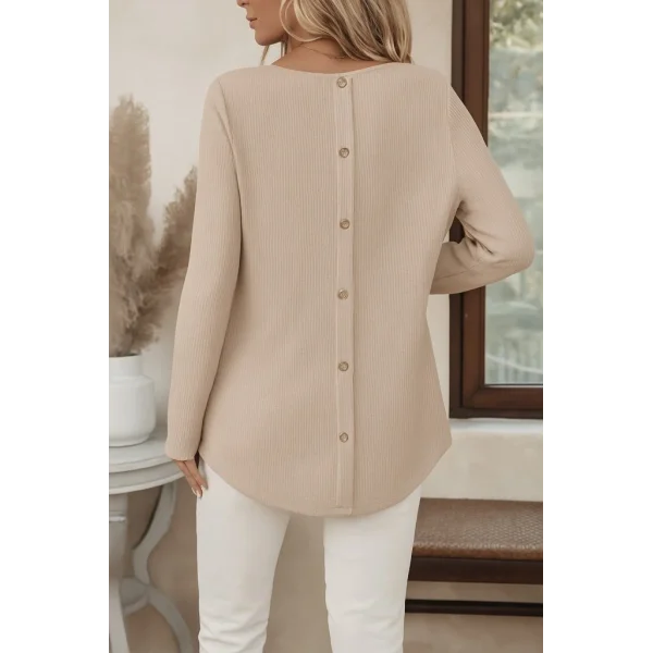 Kadın Uzun Kollu Yuvarlak Yaka Arkadan Düğmeli Waffle Bluz