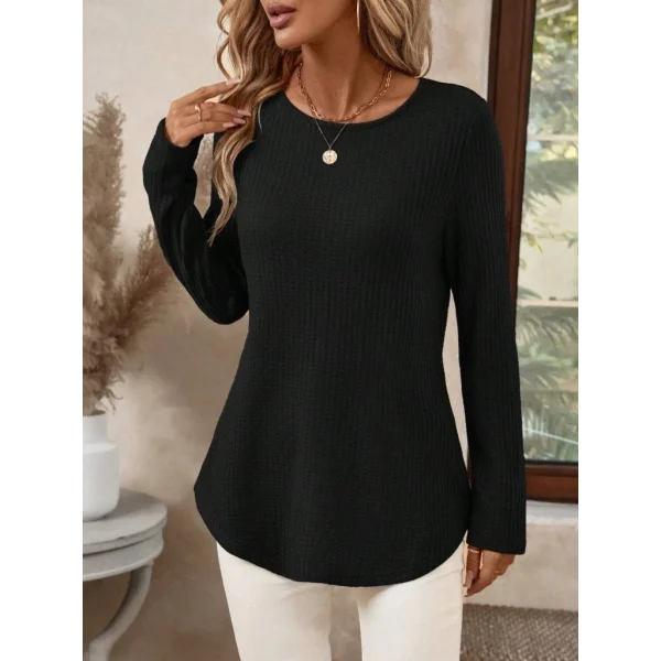 Kadın Uzun Kollu Yuvarlak Yaka Arkadan Düğmeli Waffle Bluz