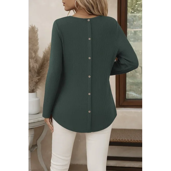 Kadın Uzun Kollu Yuvarlak Yaka Arkadan Düğmeli Waffle Bluz