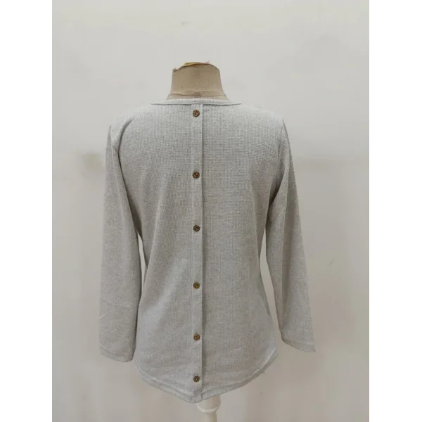 Kadın Uzun Kollu Yuvarlak Yaka Arkadan Düğmeli Waffle Bluz