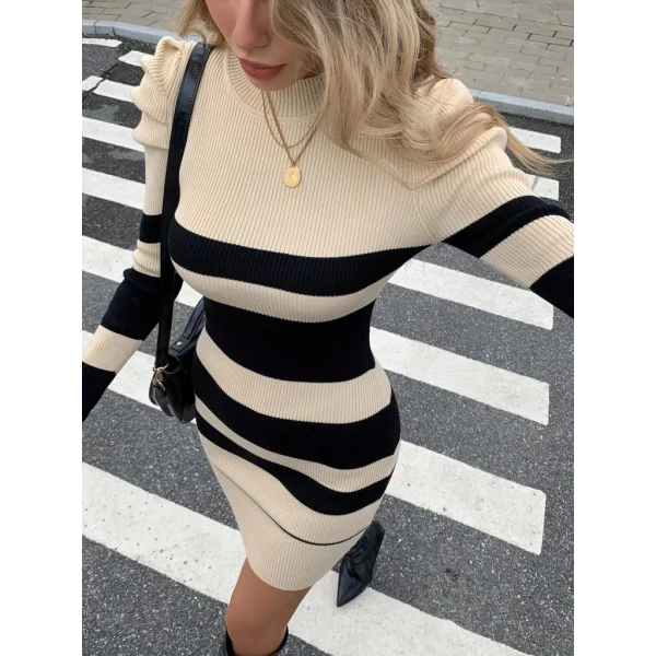 Kadın Uzun Kollu Yuvarlak Yaka Balon Omuz Kol Detaylı çok Renkli Mini Elbise