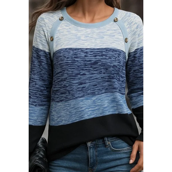 Kadın Uzun Kollu Yuvarlak Yaka Baskılı Düğme Detay Süprem Bluz