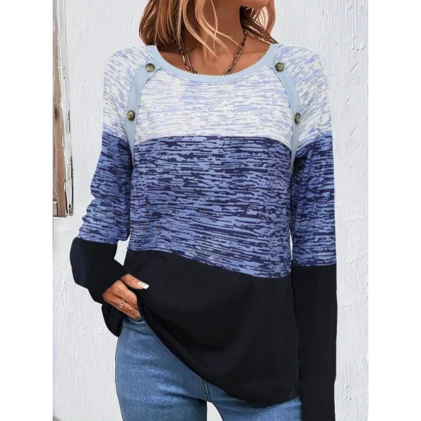 Kadın Uzun Kollu Yuvarlak Yaka Baskılı Düğme Detay Süprem Bluz