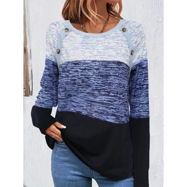 Kadın Uzun Kollu Yuvarlak Yaka Baskılı Düğme Detay Süprem Bluz