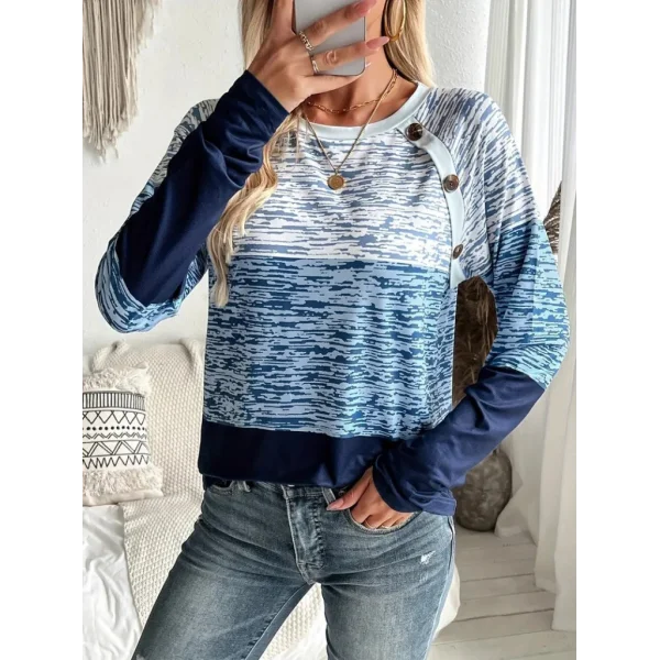 Kadın Uzun Kollu Yuvarlak Yaka Baskılı Düğme Detay Süprem Bluz
