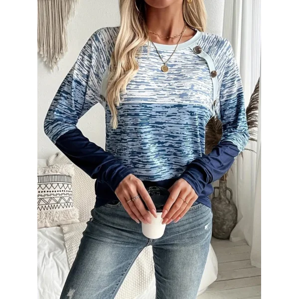 Kadın Uzun Kollu Yuvarlak Yaka Baskılı Düğme Detay Süprem Bluz