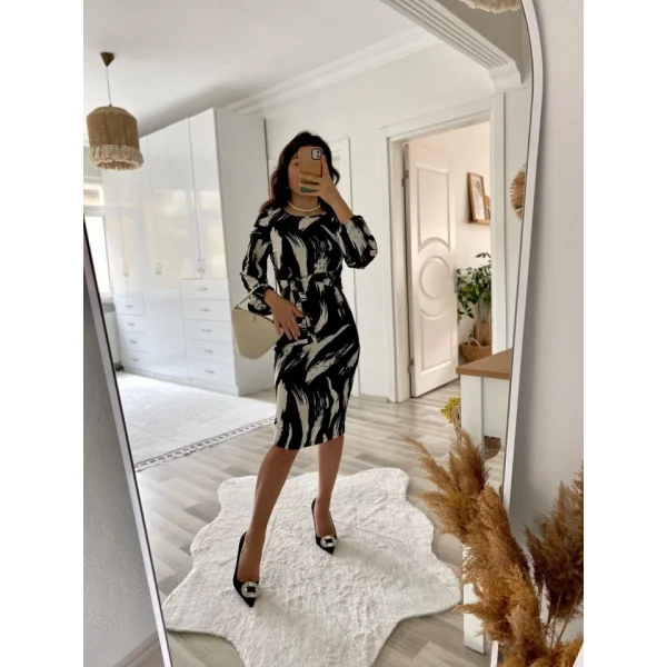 Kadın Uzun Kollu Yuvarlak Yaka Belden Kuşaklı Hazır Desenli Midi Krep Elbise