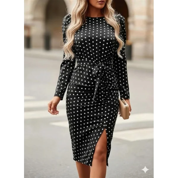 Kadın Uzun Kollu Yuvarlak Yaka Belden Kuşaklı önden Yırtmaçlı örme Krep Elbise