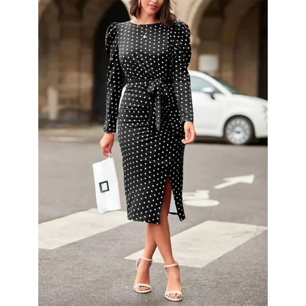 Kadın Uzun Kollu Yuvarlak Yaka Belden Kuşaklı önden Yırtmaçlı örme Krep Elbise