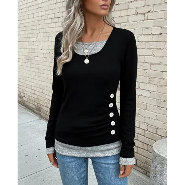 Kadın Uzun Kollu Yuvarlak Yaka Blok Renkli Yandan Düğmeli Viskon Bluz