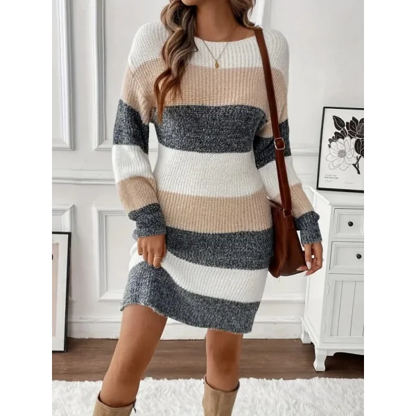 Kadın Uzun Kollu Yuvarlak Yaka çizgili çok Renkli Triko Elbise