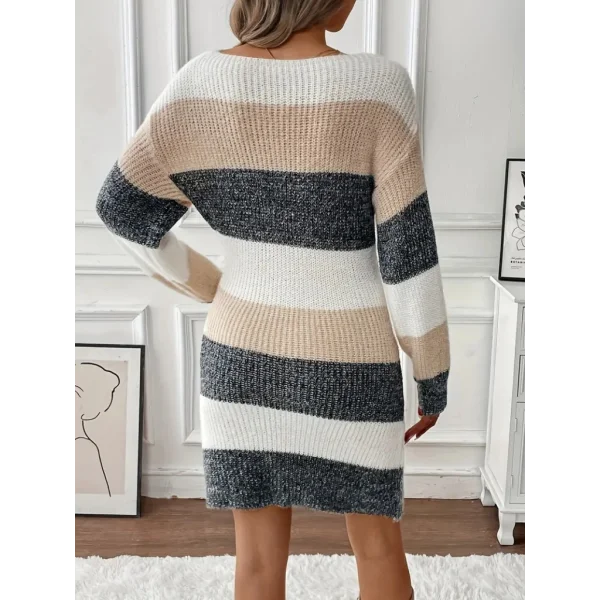 Kadın Uzun Kollu Yuvarlak Yaka çizgili çok Renkli Triko Elbise