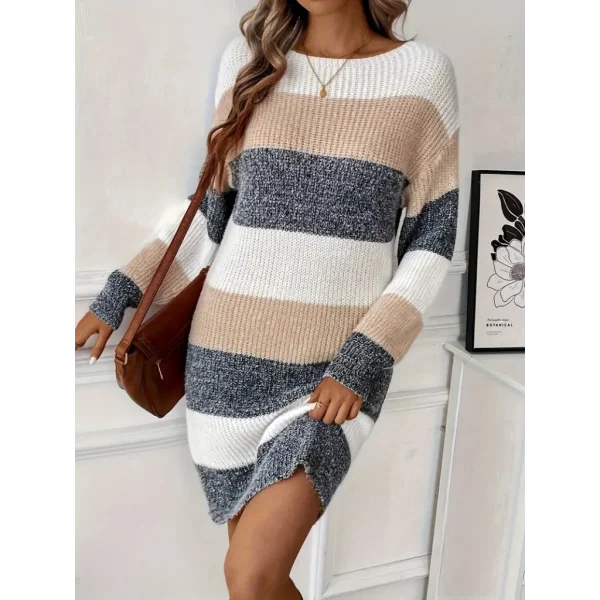 Kadın Uzun Kollu Yuvarlak Yaka çizgili çok Renkli Triko Elbise