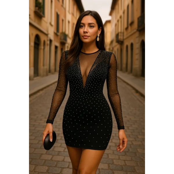 Kadın Uzun Kollu Yuvarlak Yaka Dekolteli Taşlı Dalgıç Elbise