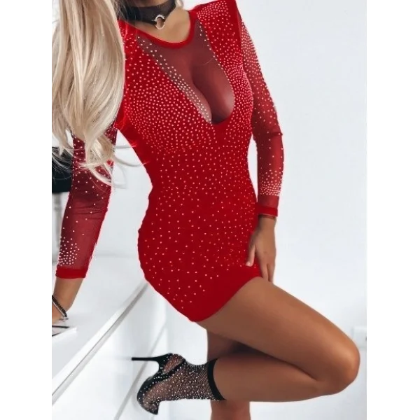 Kadın Uzun Kollu Yuvarlak Yaka Dekolteli Taşlı Dalgıç Elbise