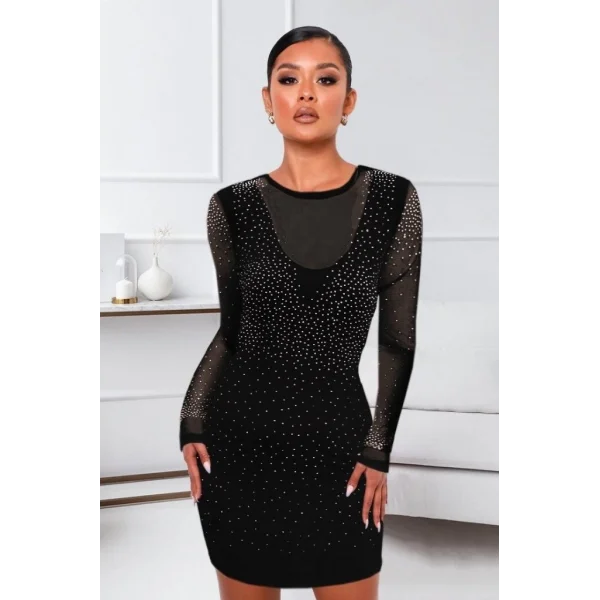 Kadın Uzun Kollu Yuvarlak Yaka Dekolteli Taşlı Dalgıç Elbise