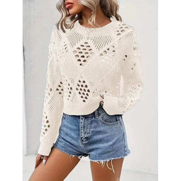 Kadın Uzun Kollu Yuvarlak Yaka Delik Desenli Triko Bluz