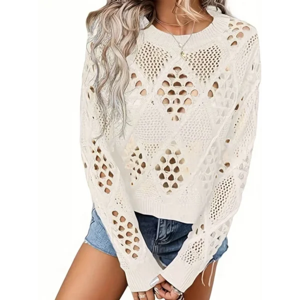 Kadın Uzun Kollu Yuvarlak Yaka Delik Desenli Triko Bluz
