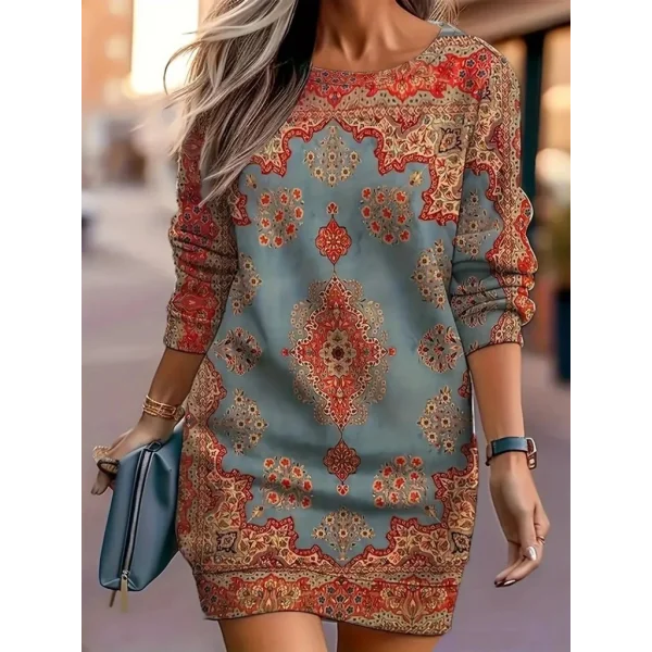 Kadın Uzun Kollu Yuvarlak Yaka Desenli Mini Modal Elbise